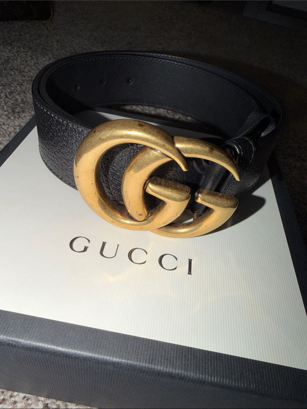 Gucci Black Leather Belt with Antique Gold Interlocking G Buckle